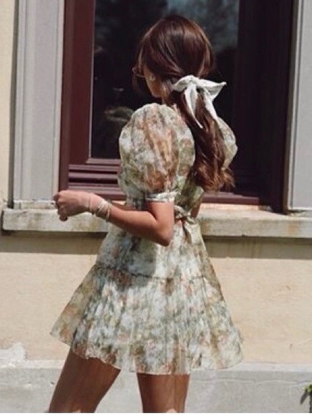 DANIELLE BERNSTEIN Sheer Floral Printed Organza Puff Sleeve Dress